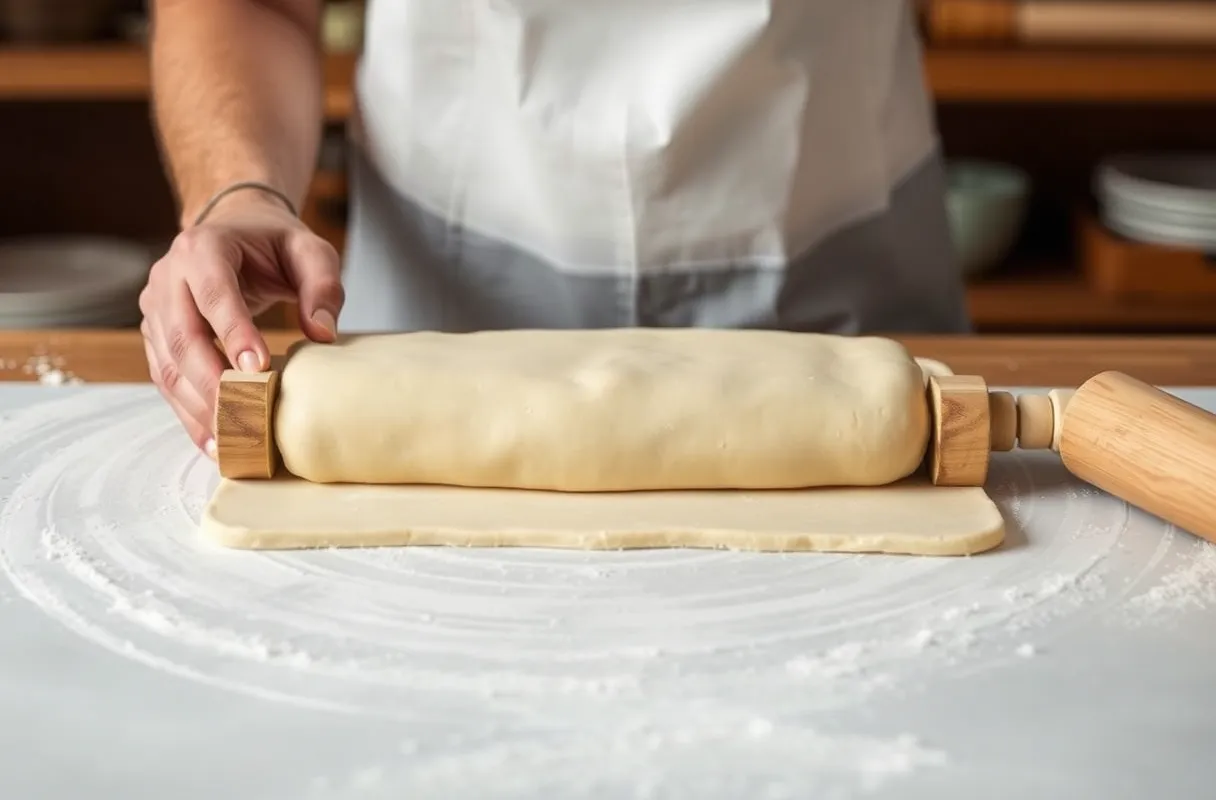 Pâte feuilletée maison étalée en un rectangle sur un plan fariné, prête à l'emploi