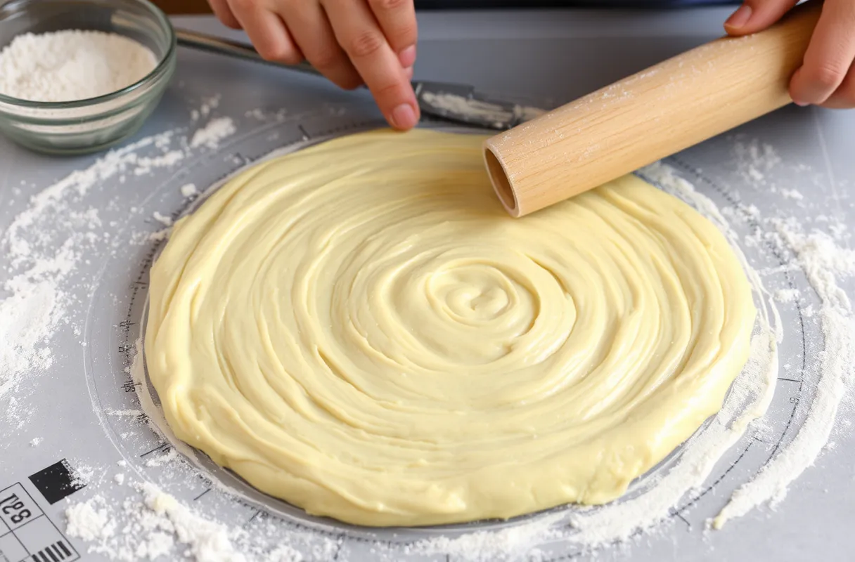 Plan de travail avec une pâte feuilletée stratifiée pliée plusieurs fois pour un feuilletage parfait.