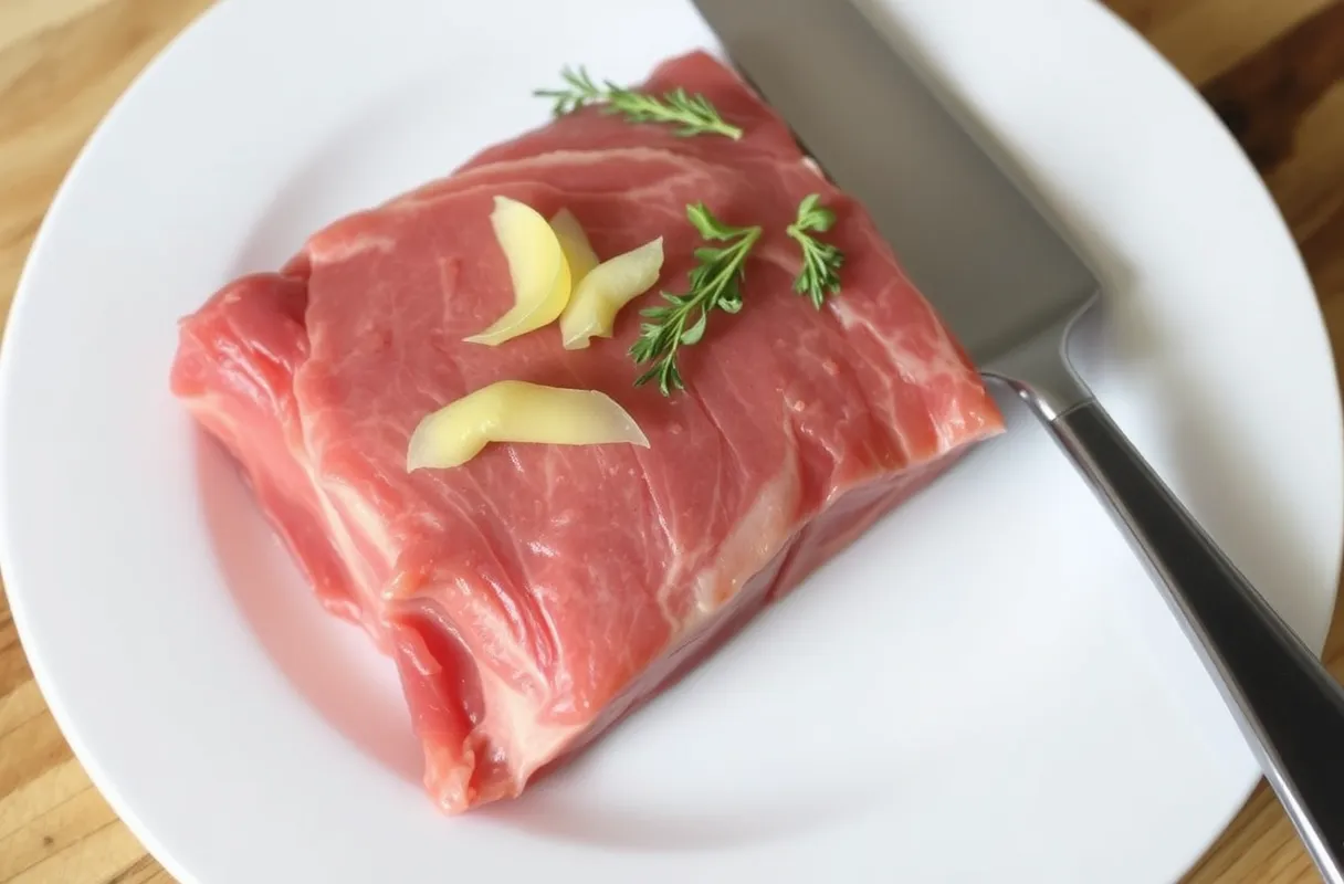 Morceau de bœuf ficelé, assurant une cuisson uniforme.