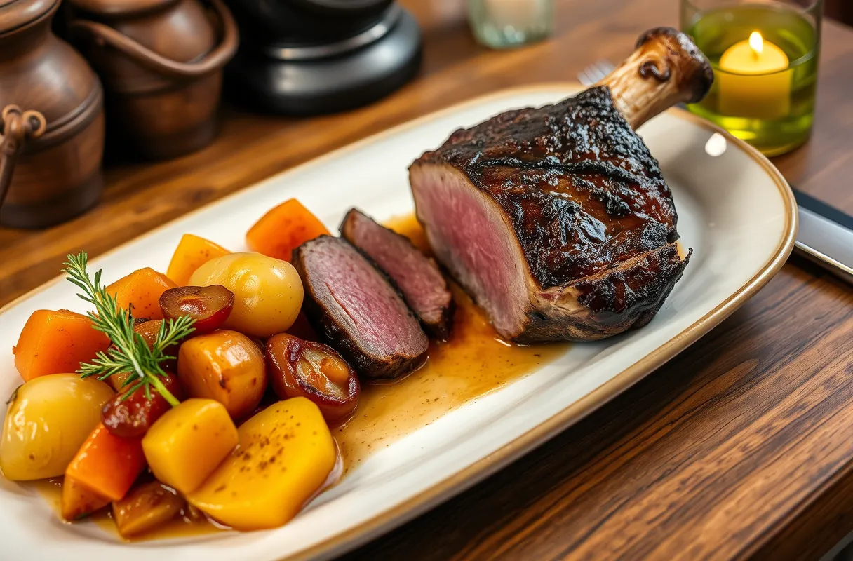 Rôti de bœuf avec légumes rôtis : pommes de terre, carottes et oignons.