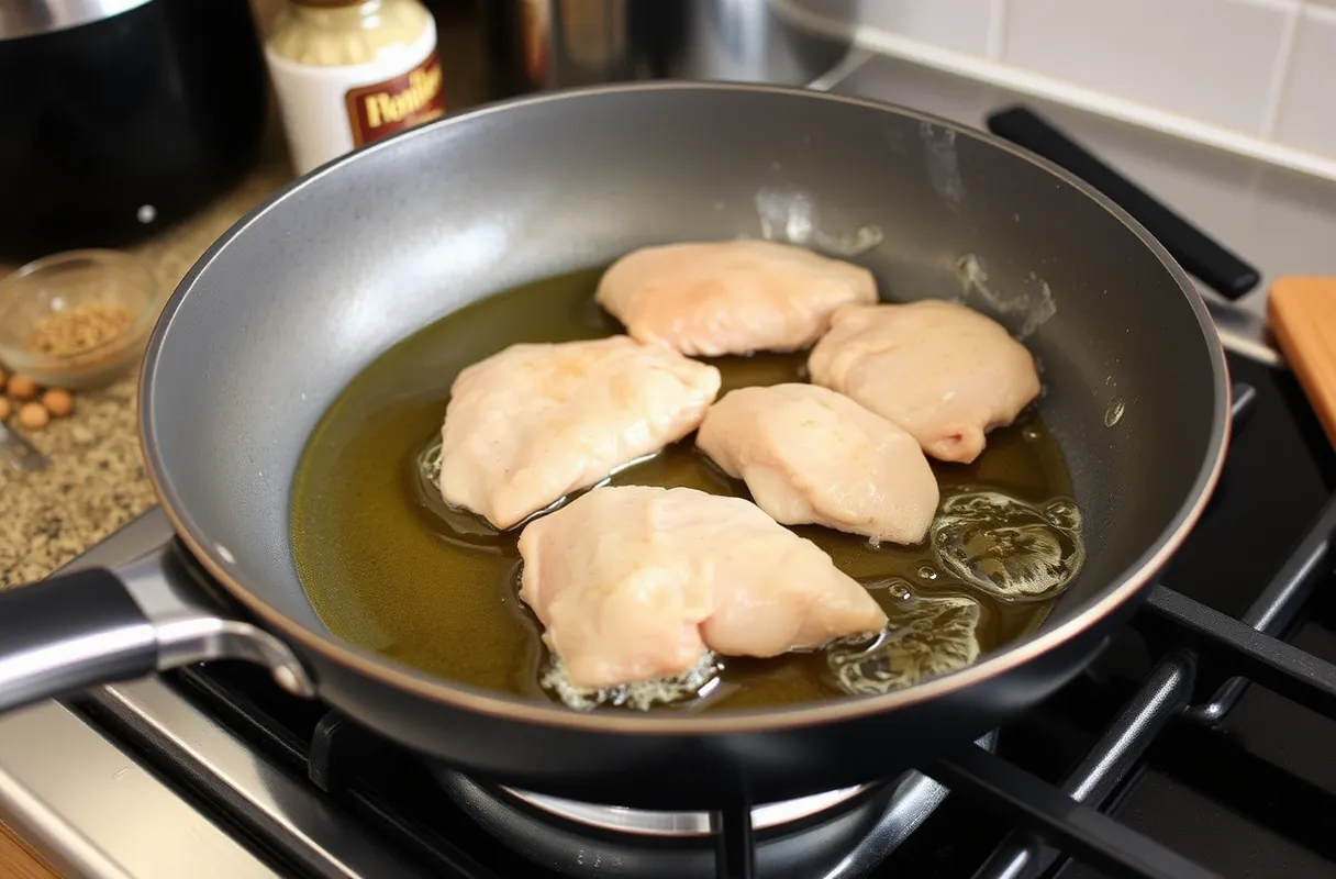 Poêle antiadhésive avec de l'huile chaude prête à cuire des escalopes de poulet dans une cuisine accueillante