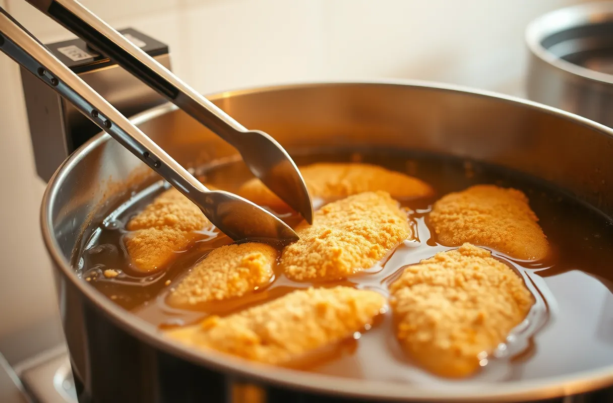 Escalopes de poulet panées en train de frire dans une huile chaude, avec une texture dorée et croustillante, dans une cuisine accueillante.
