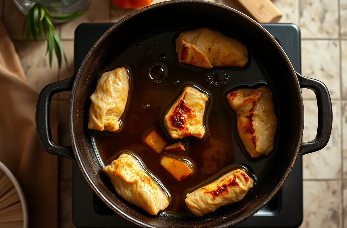 Morceaux de dinde dorés dans une cocotte en fonte sur une cuisinière, entourés d'huile d'olive chaude, parfaits pour un osso bucco traditionnel.