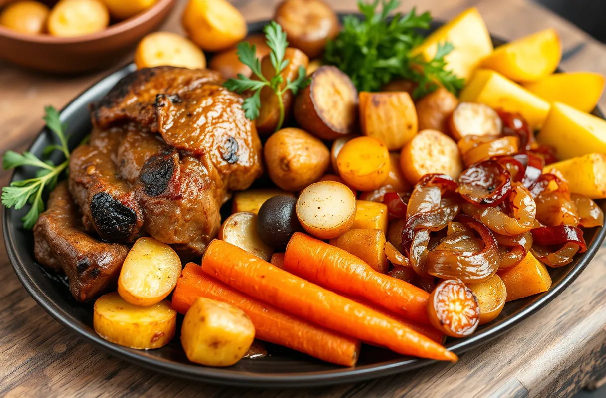 Des légumes classiques comme des pommes de terre rôties, des carottes et des oignons caramélisés, prêts à accompagner un osso bucco de dinde.