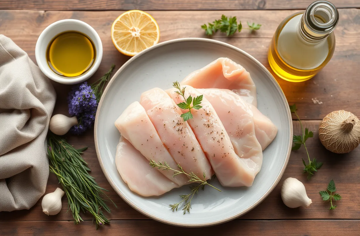 Des ingrédients frais pour une escalope de poulet : filets de poulet, ail, herbes de Provence, citron, farine, œufs, chapelure, et huile.