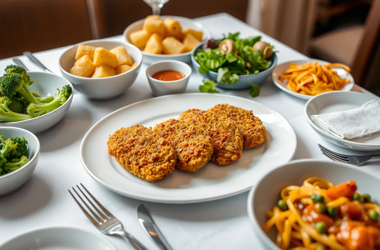 Table dressée avec des accompagnements : brocolis vapeur, pommes de terre rôties dorées, salade verte fraîche et pâtes al dente