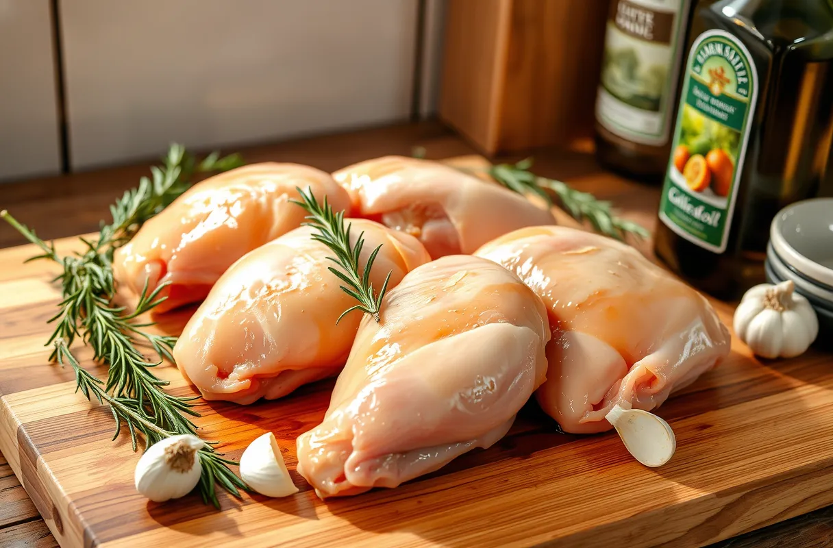 Cuisses de poulet fraîches sur une planche en bois, accompagnées de romarin, ail et huile d'olive dans une cuisine rustique