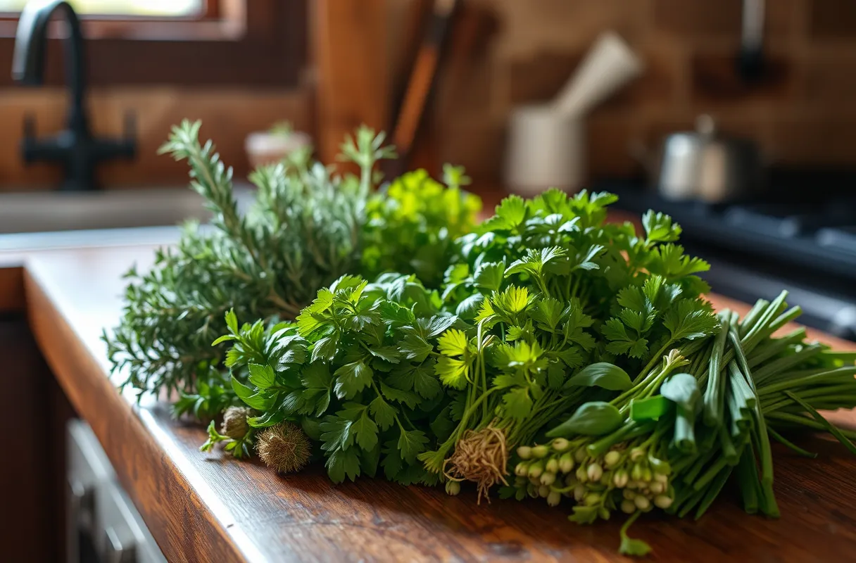 Herbes aromatiques fraîches disposées sur un comptoir rustique : thym, romarin, persil, basilic et ciboulette, éclairés par une lumière naturelle chaleureuse.
