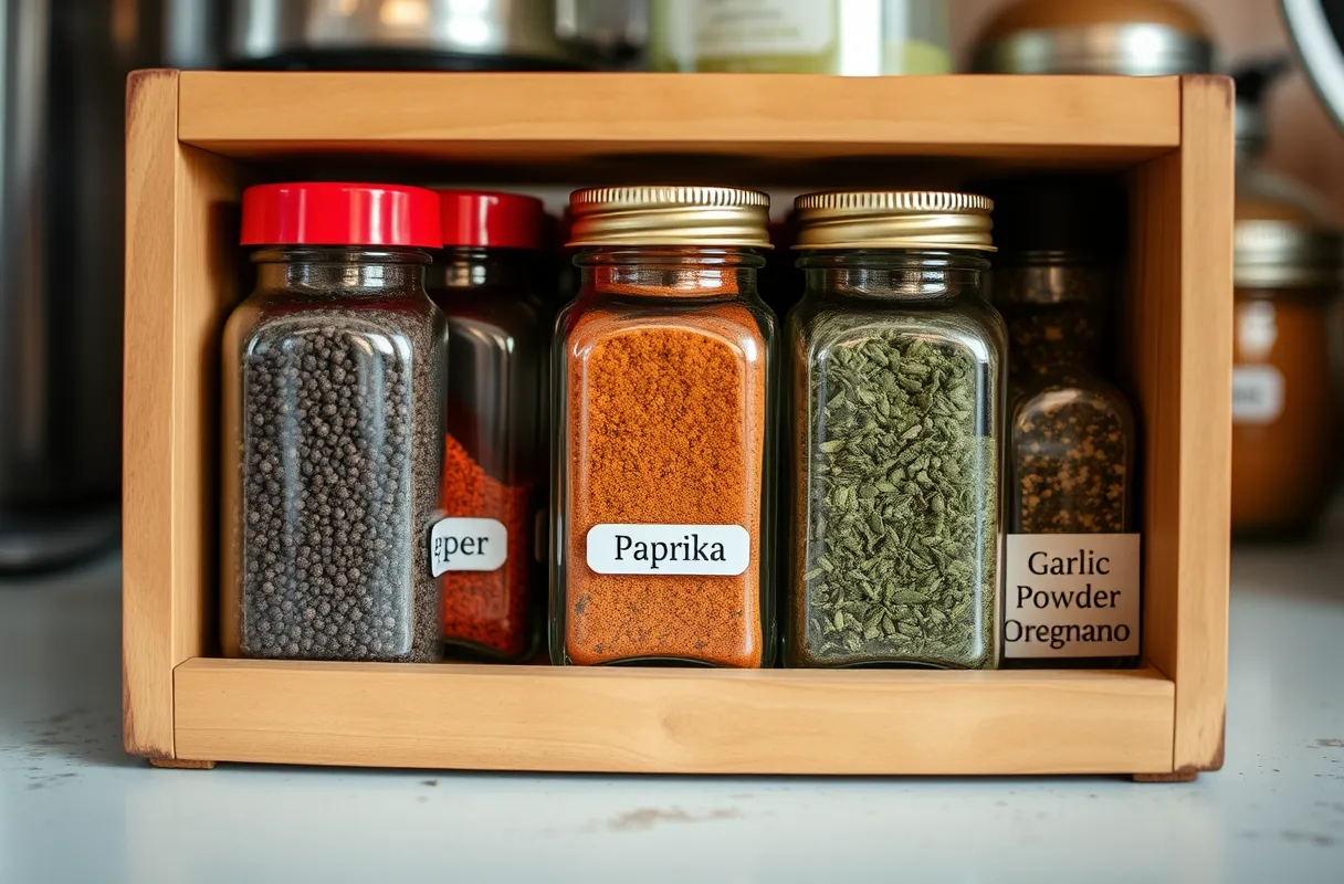 Étagère à épices avec poivre noir moulu, paprika, cumin, ail en poudre et origan séché dans des bocaux en verre, sur un comptoir de cuisine rustique