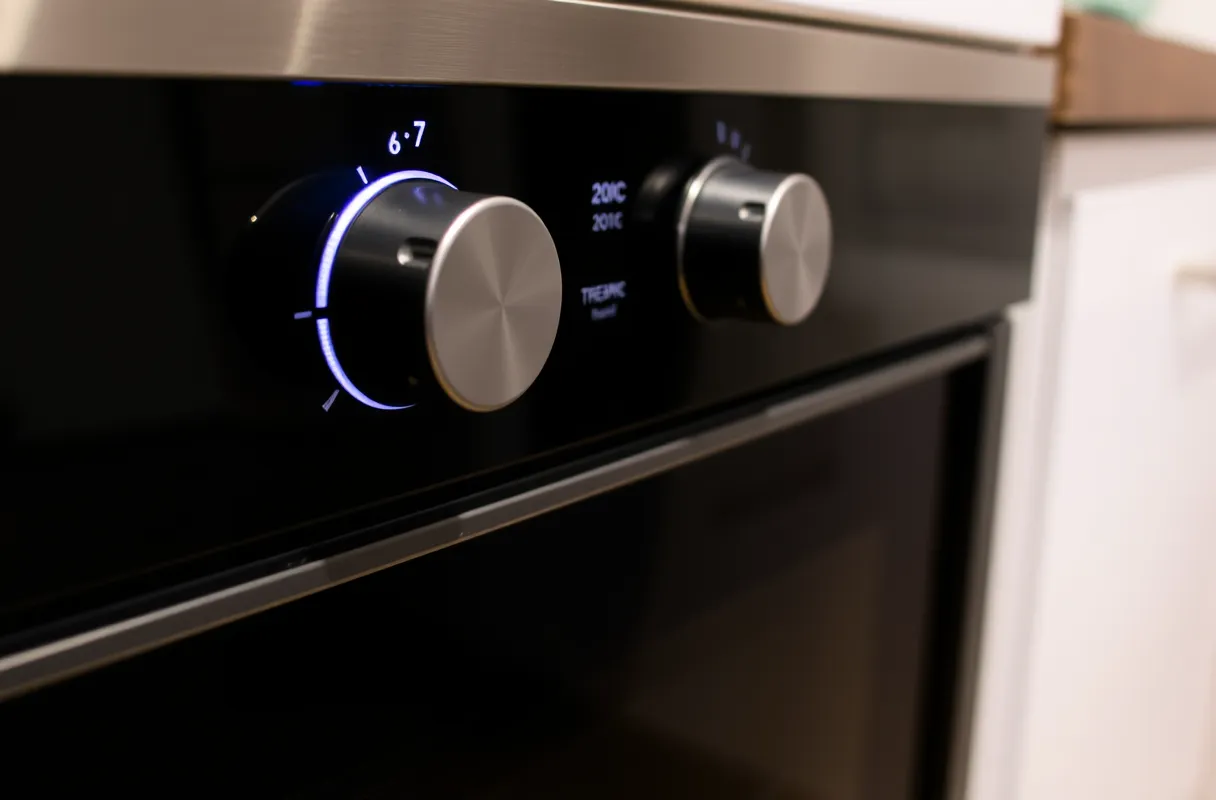 Four moderne avec le thermostat réglé sur 200°C (thermostat 6-7), porte légèrement ouverte, laissant entrevoir un repas à cuire