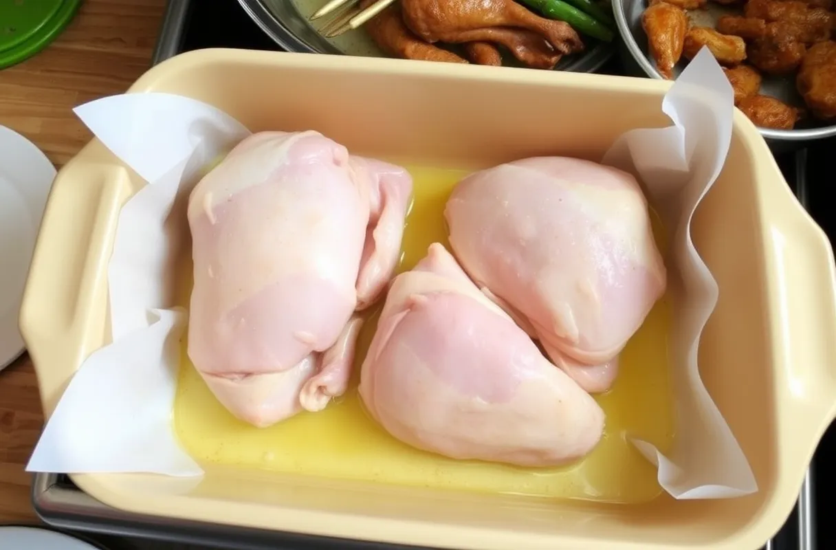 Cuisses de poulet disposées dans un plat de cuisson, recouvertes de papier sulfurisé ou d'huile d'olive pour éviter qu'elles ne collent.