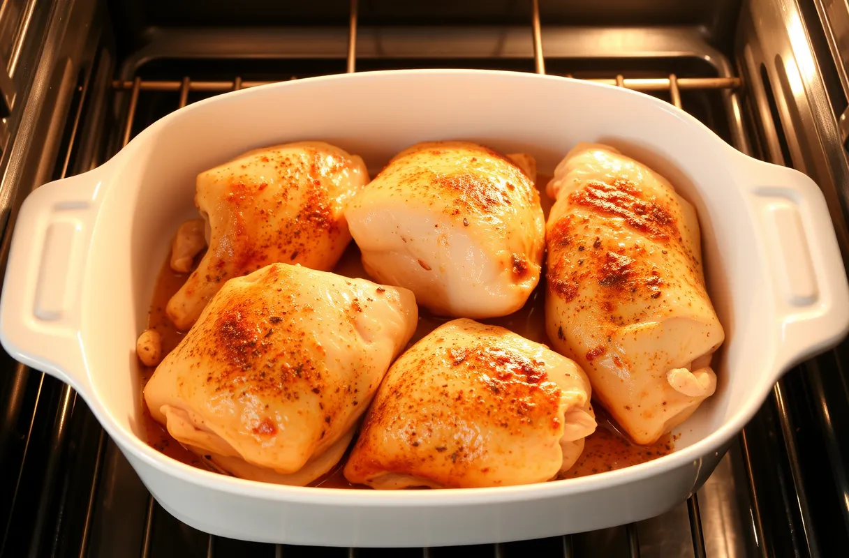  Chicken thighs in a white ceramic dish, placed in the oven at 200°C for 35 to 45 minutes. The thighs are flipped halfway through for even cooking, golden and crisp on the outside, tender inside.