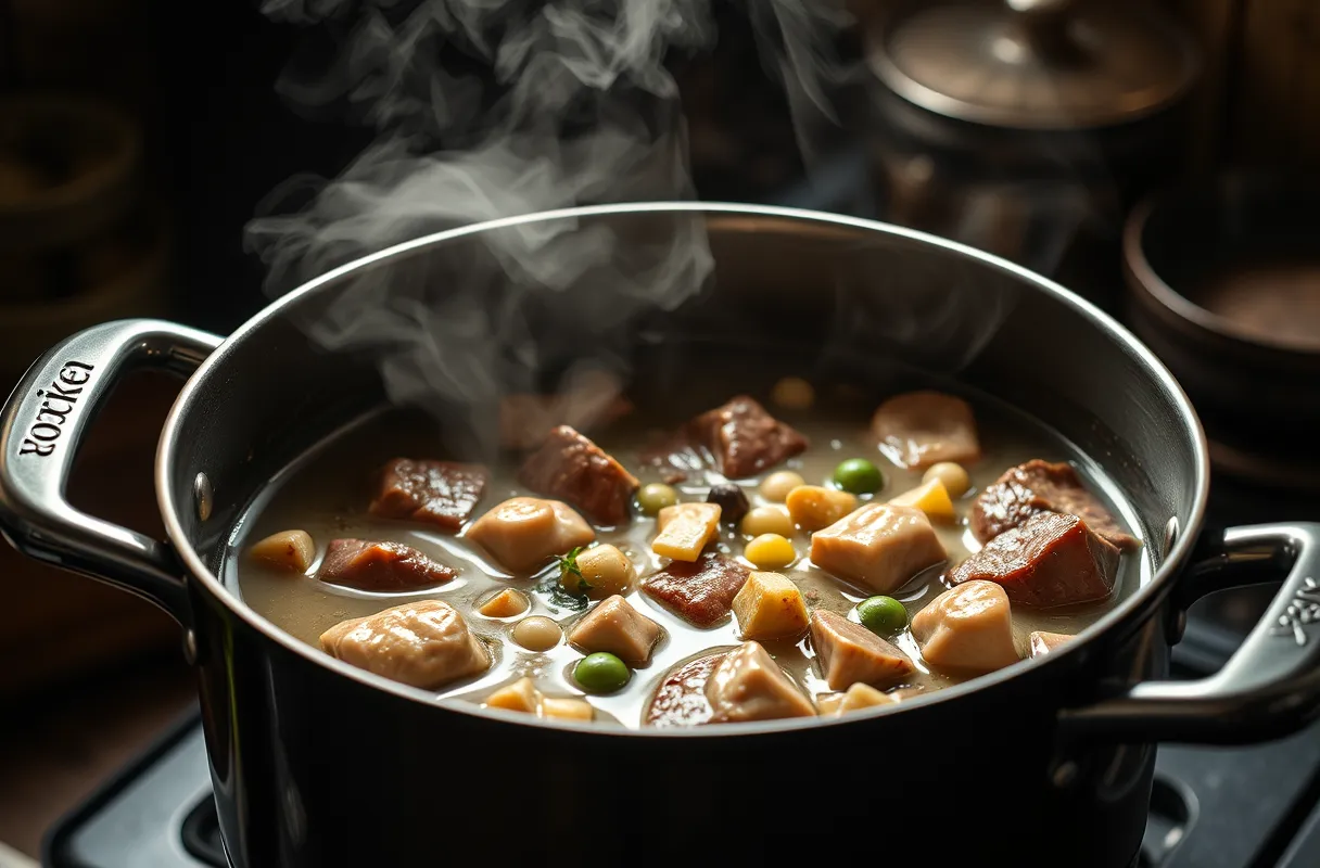 Ragoût de bœuf mijotant avec des champignons et des oignons grelots dans une cuisine rustique