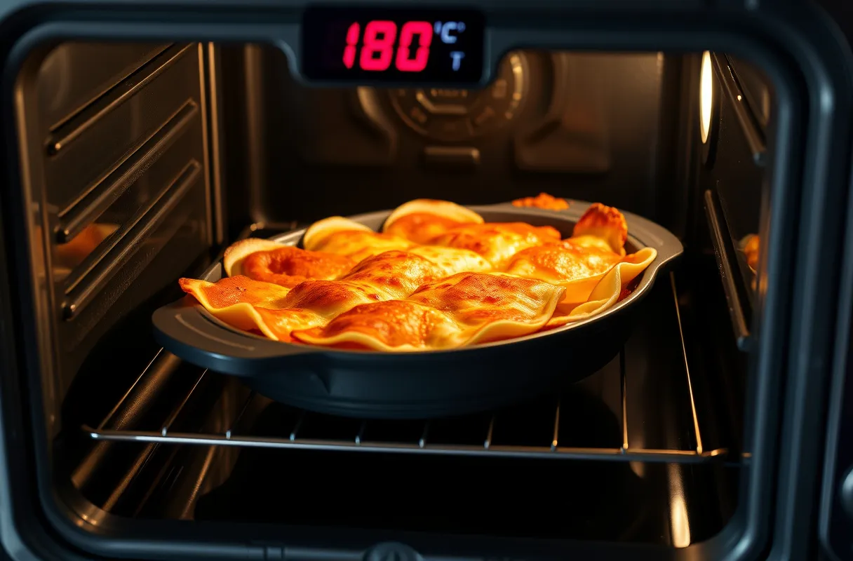 Lasagnes non cuites dans un four à 180°C, prêtes à être cuites.
