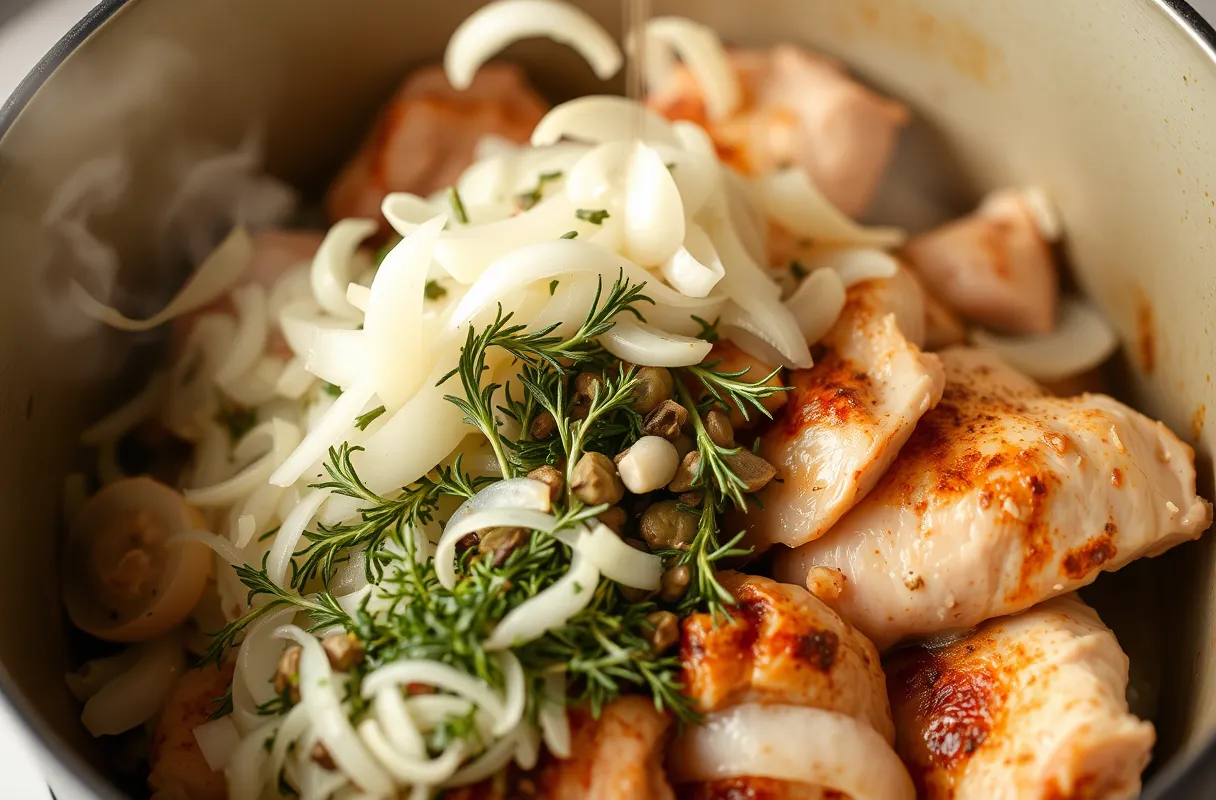 Ajout d'oignons émincés, d'ail et d'herbes fraîches (thym, romarin, laurier) dans une cocotte avec des morceaux de dinde dorés, dégageant une vapeur aromatique dans une cuisine chaleureuse