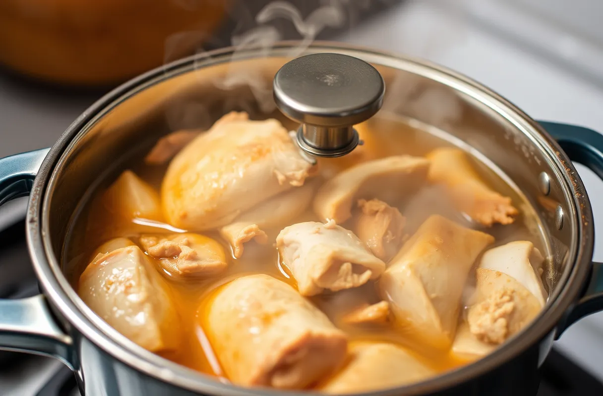 Un pot de dinde en train de mijoter avec du bouillon de volaille, couvert, dégageant de la vapeur dans une ambiance de cuisine chaleureuse.