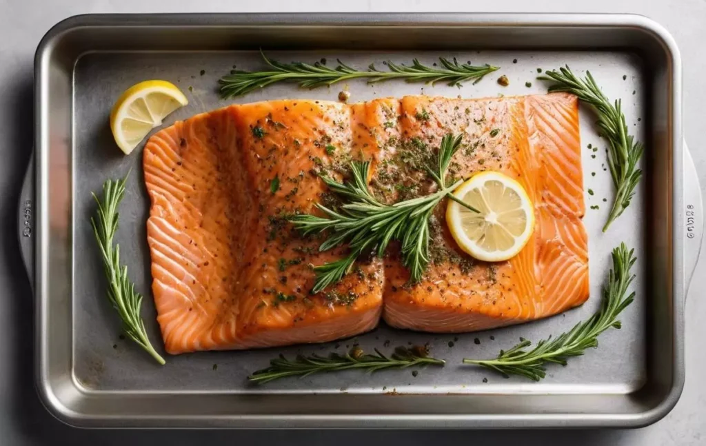Cuisson au four d'un pavé de saumon avec croûte dorée délicate, intérieur tendre et juteux, accompagné de tranches de citron et herbes fraîches dans une cuisine moderne et lumineuse.