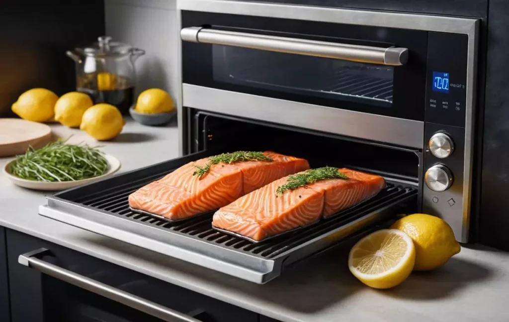 Préchauffage du four pour cuisson uniforme d'un pavé de saumon, avec pavé prêt à cuire sur une plaque avec citron et herbes dans une cuisine moderne et lumineuse.