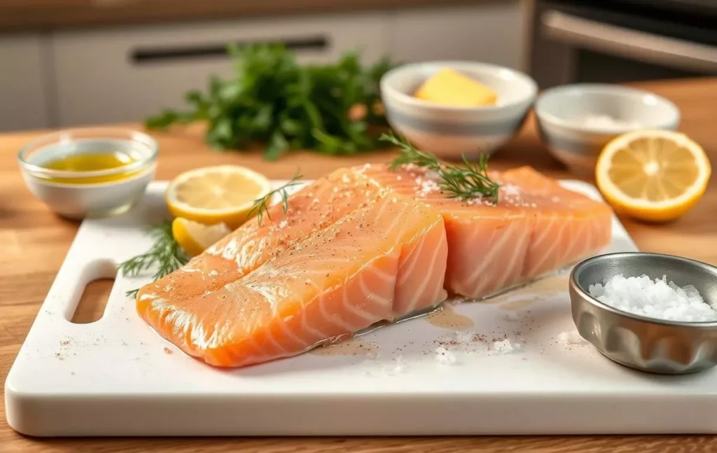Assaisonnement d'un pavé de saumon avec huile d'olive ou beurre, aneth frais, citron et sel de mer sur une planche dans une cuisine moderne et lumineuse