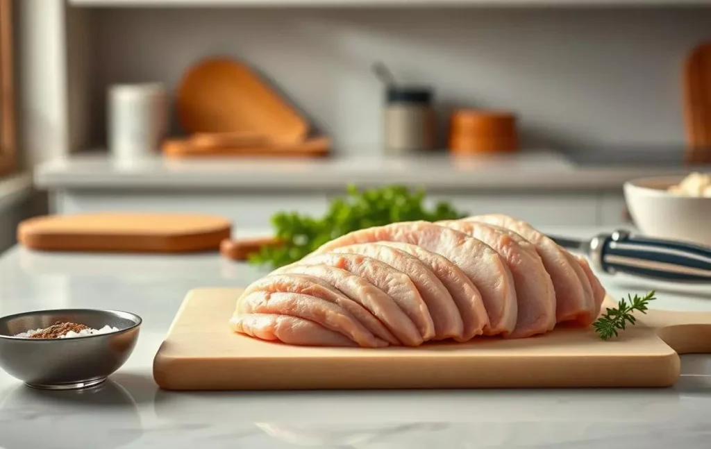 Choix du filet de dinde au four avec teinte rosée et texture ferme sur une planche à découper, dans une cuisine moderne et lumineuse