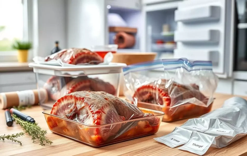 cuisine moderne montrant la préparation du jarret de bœuf cuit pour la congélation