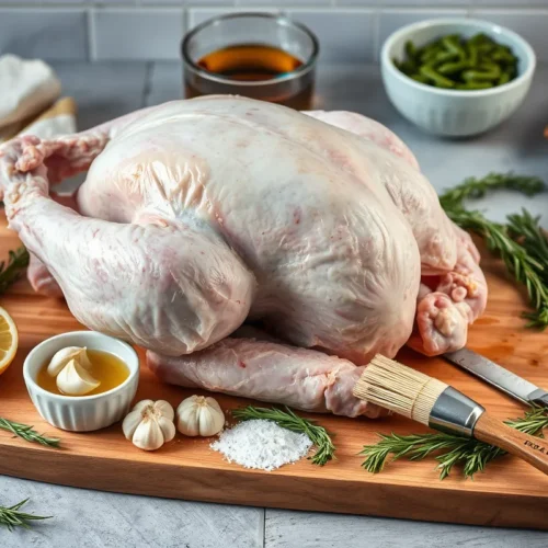 Ingrédients frais pour une recette dinde rôtie, comprenant une dinde crue, citron, ail, huile d'olive, épices, et herbes fraîches, sur une planche à découper en bois.