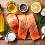 Ingrédients pour préparer un pavé de saumon : saumon, huile d’olive, herbes, citron et ail.