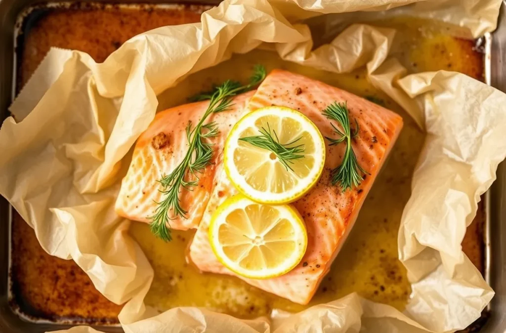 Pavé de saumon en papillote avec citron et herbes, prêt à cuire.