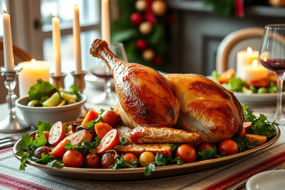 Jambonneau de dinde rôti avec des légumes rôtis et une salade, sur une table festive.