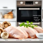 Ingrédients pour escalopes poulet creme champignons : poulet, champignons frais, crème entière, ail, échalote, huile d'olive, beurre, sel, poivre et persil dans une cuisine moderne et lumineuse.