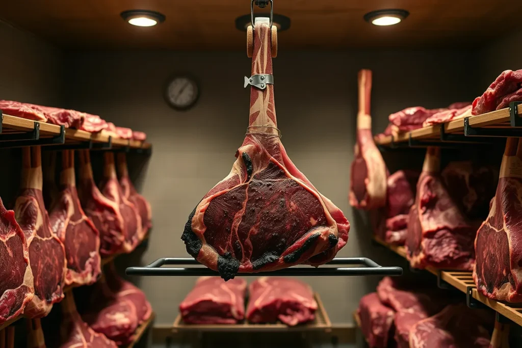 cote de boeuf maturée dans une chambre froide avec croûte sèche.