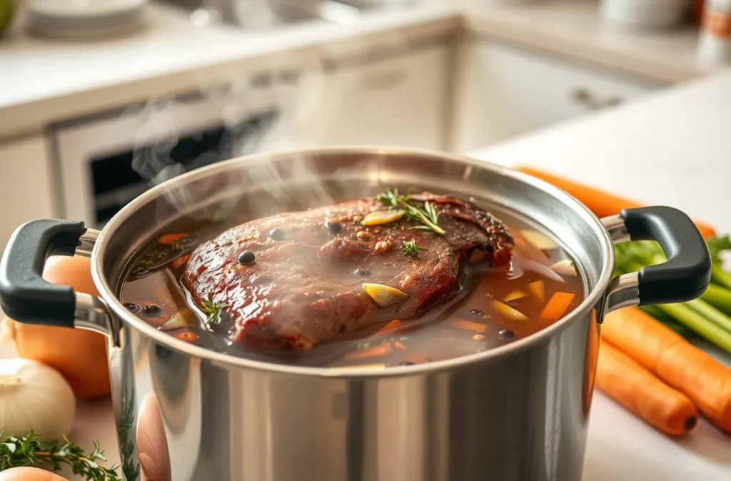 Préparation d'un bouillon maison pour sublimer le paleron de bœuf dans une cuisine moderne et lumineuse