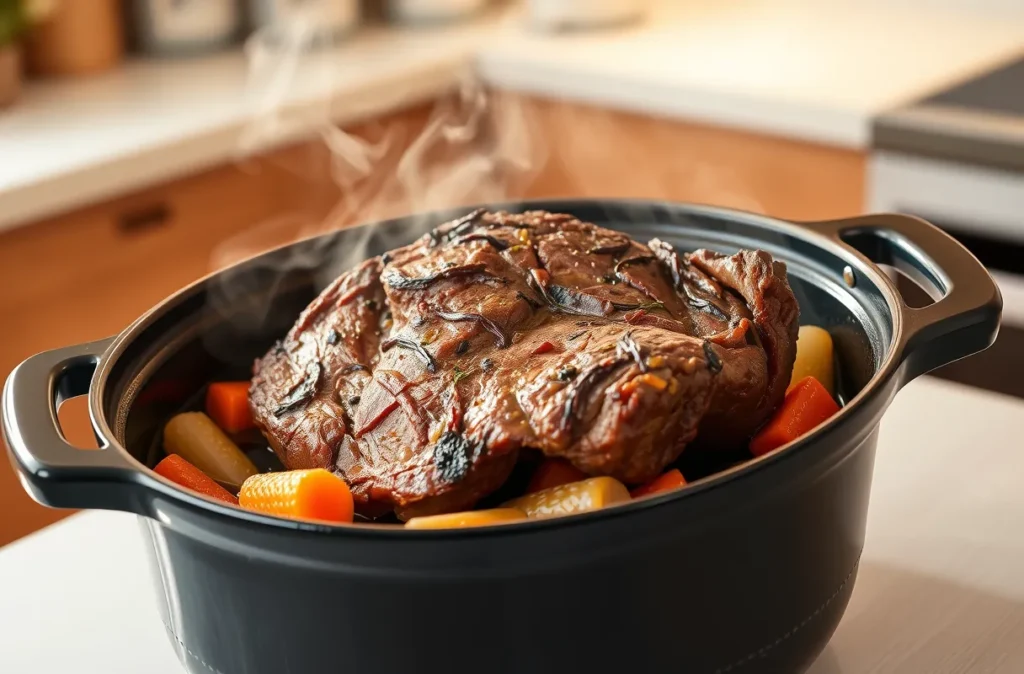 Paleron de bœuf recette mijoté lentement avec légumes dans une cocotte dans une cuisine moderne et lumineuse
