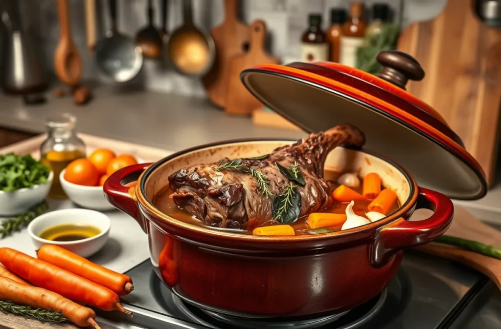 un jarret de bœuf mijoté dans une cocotte en fonte.