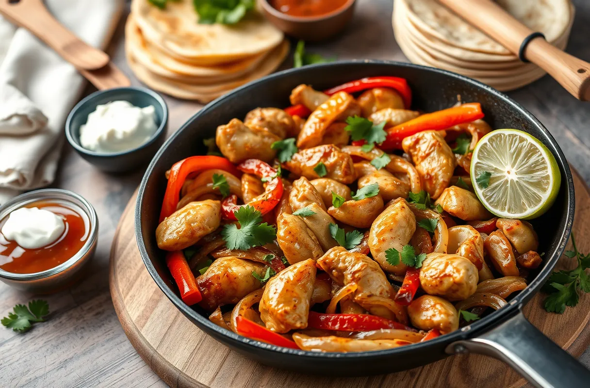Skillet de fajitas au poulet avec oignons caramélisés, poivrons colorés et garniture de coriandre et lime, entouré de tortillas et de sauces