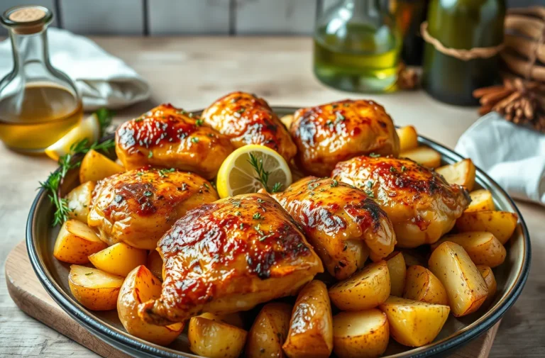 Pilons de poulet au four dorés et croustillants accompagnés de pommes de terre rôties, garnis de thym frais et de rondelles de citron dans une cuisine chaleureuse.