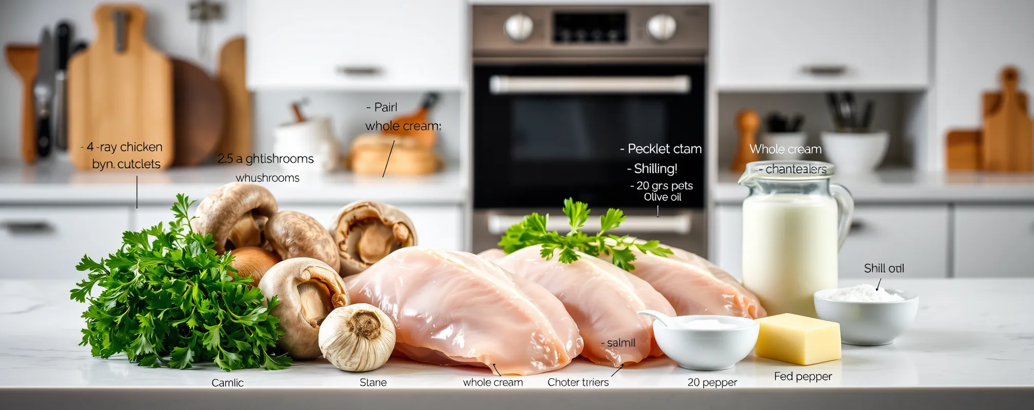 Ingrédients pour escalopes poulet creme champignons : poulet, champignons frais, crème entière, ail, échalote, huile d'olive, beurre, sel, poivre et persil dans une cuisine moderne et lumineuse.
