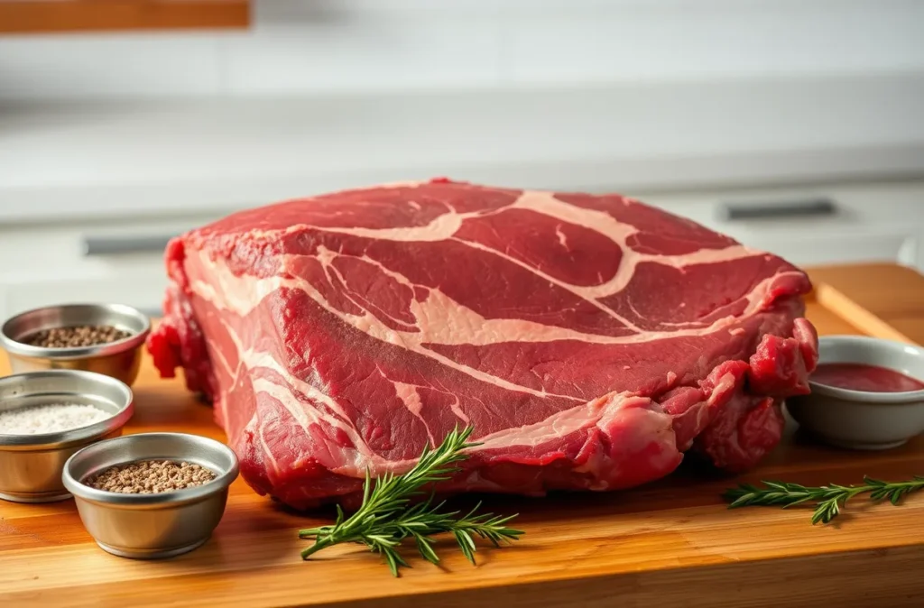 Choix d'un paleron de bœuf bien persillé sur une planche de boucher dans une cuisine moderne et lumineuse.