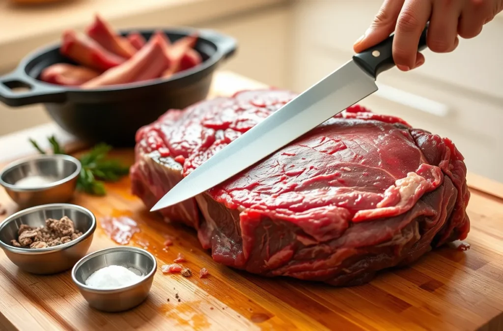 Parage du paleron de bœuf avec retrait des excès de graisse et tendons sur une planche dans une cuisine moderne et lumineuse