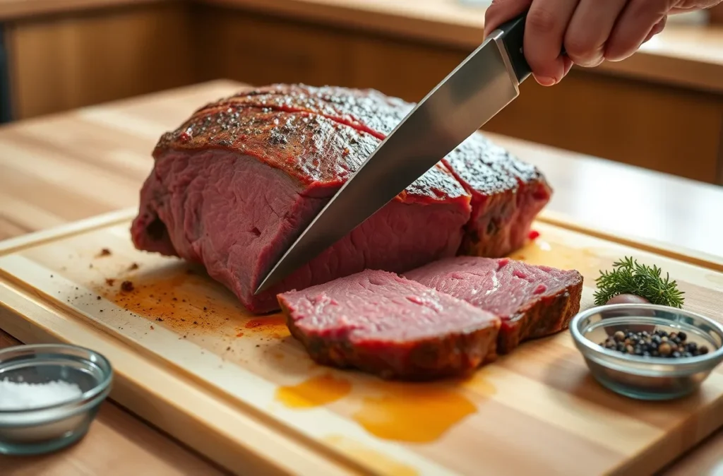 Découpe du paleron de bœuf en morceaux égaux pour une cuisson homogène dans une cuisine moderne et lumineuse