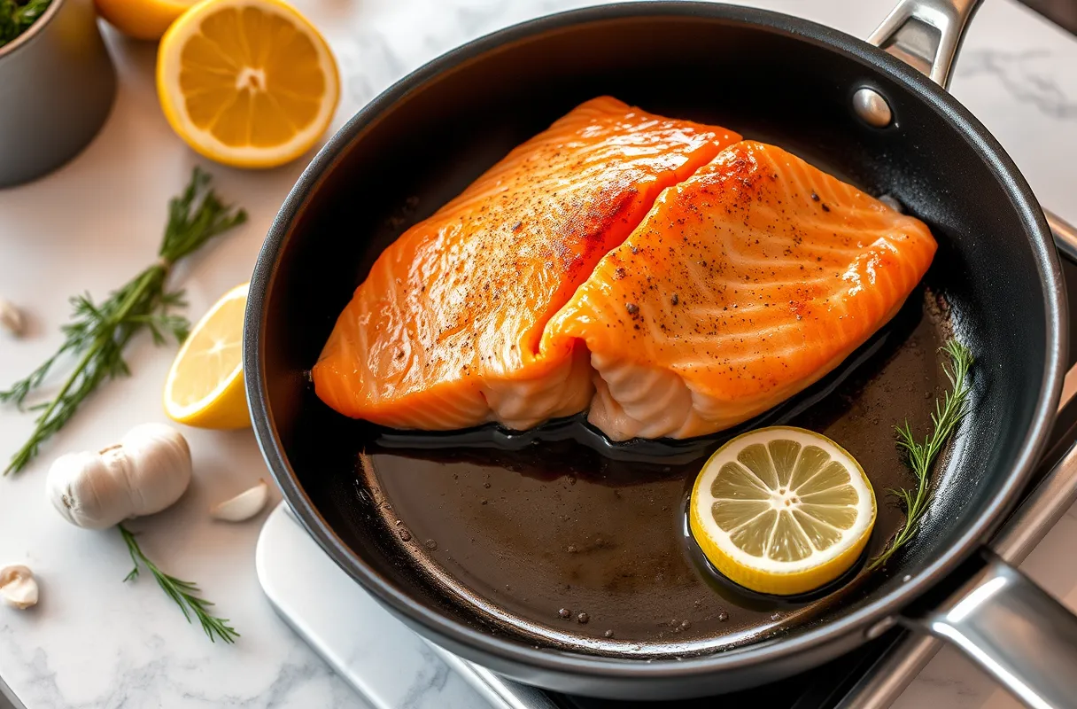 cuisson pavé de saumon, saumon en train de cuire dans une poêle antiadhésive, la peau dorée et croustillante tandis que l'intérieur reste tendre et légèrement rosé