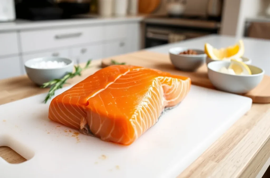Choix d’un pavé de saumon de qualité avec couleur vive et texture ferme sur une planche dans une cuisine moderne et lumineuse.
