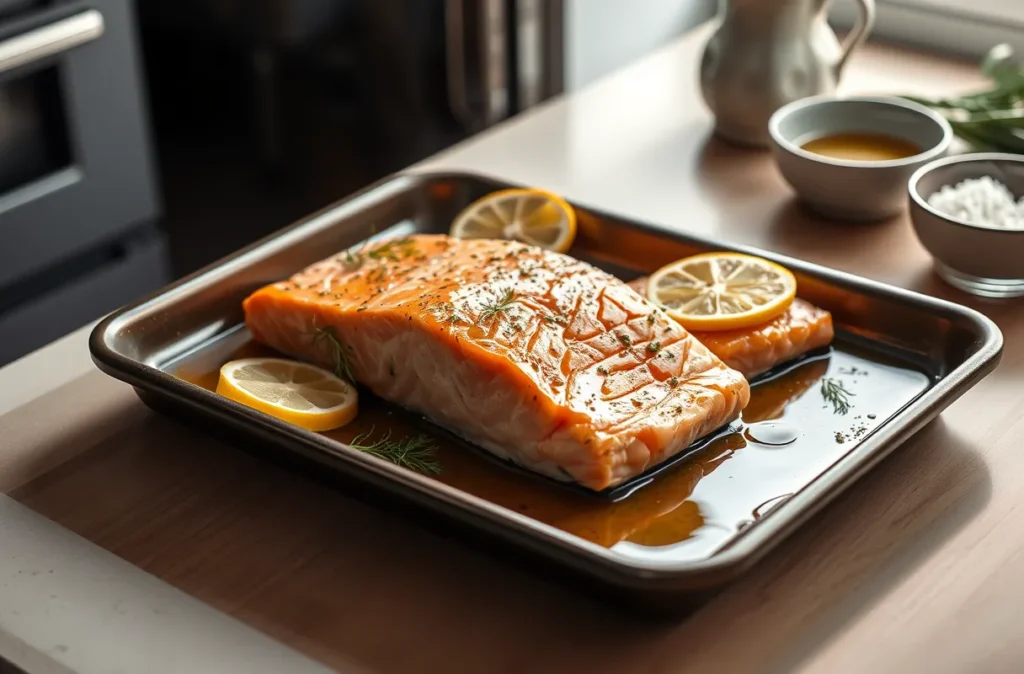 Pavé de saumon au four, moelleux et juteux, entouré de tranches de citron et herbes fraîches sur une plaque de cuisson dans une cuisine moderne et lumineuse