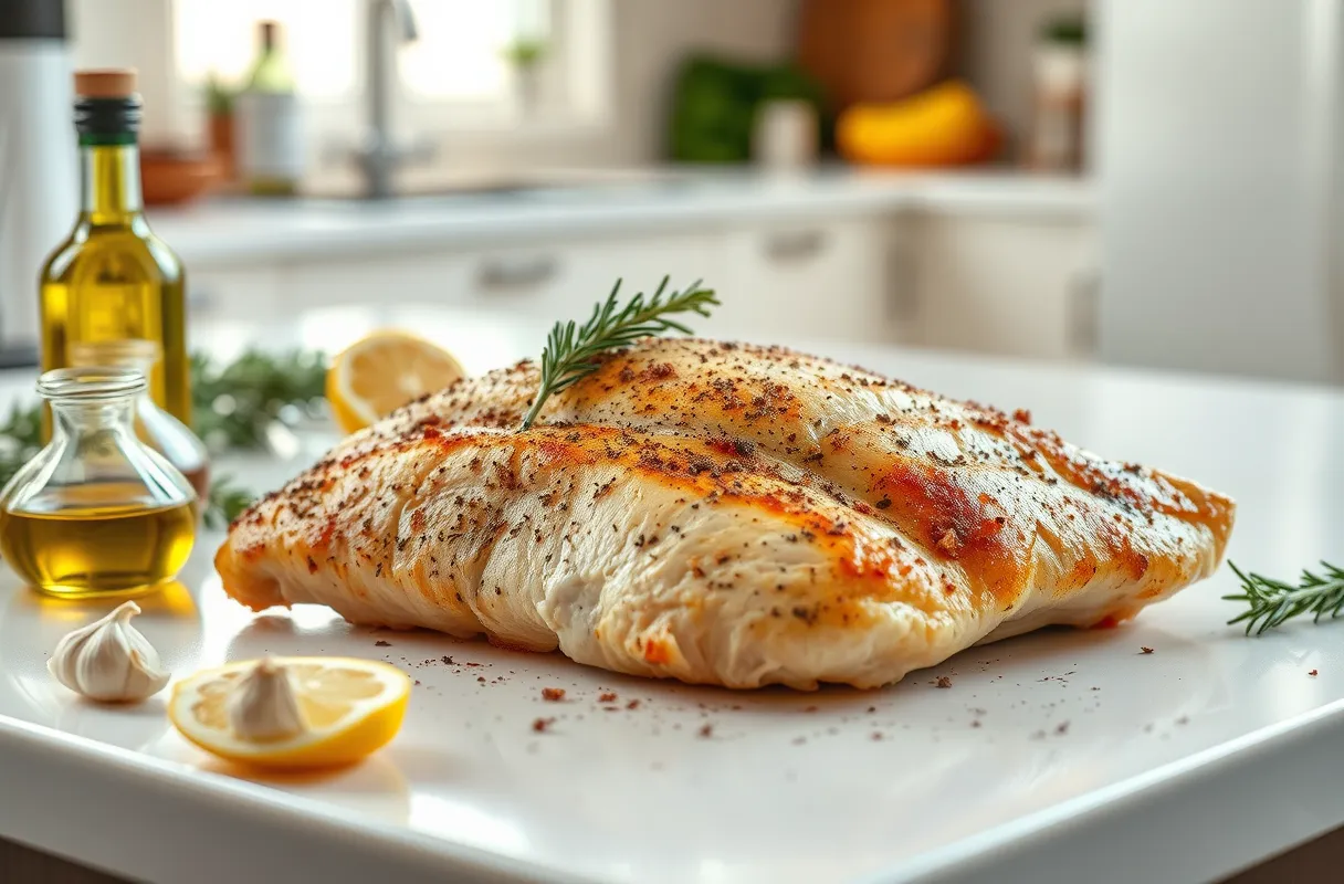 Filet de dinde au four moelleux et doré, accompagné de légumes rôtis, prêt à être dégusté.