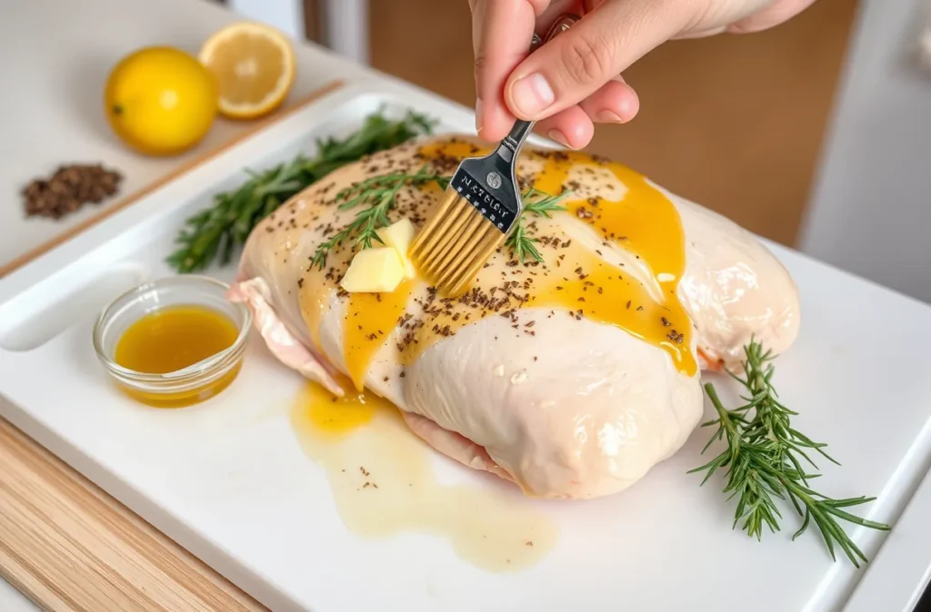 Préparation d’un filet de dinde avec huile d’olive, beurre fondu, ail émincé, thym, romarin et jus de citron sur une planche dans une cuisine moderne et lumineuse