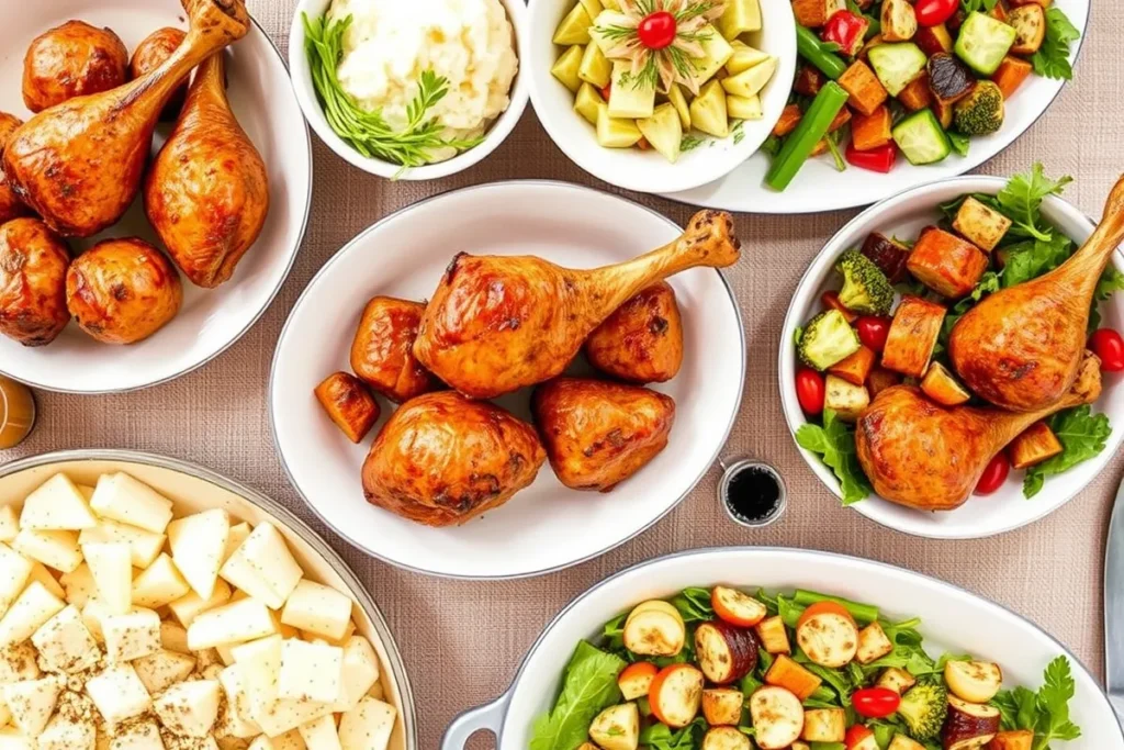 Idées d'accompagnement pour le jambonneau de dinde : purée, légumes rôtis, salade.