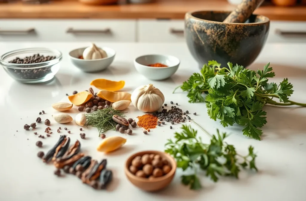 Épices et aromates : thym, laurier, poivre noir, ail, clous de girofle et herbes fraîches sur un plan de travail dans une cuisine moderne et lumineuse.