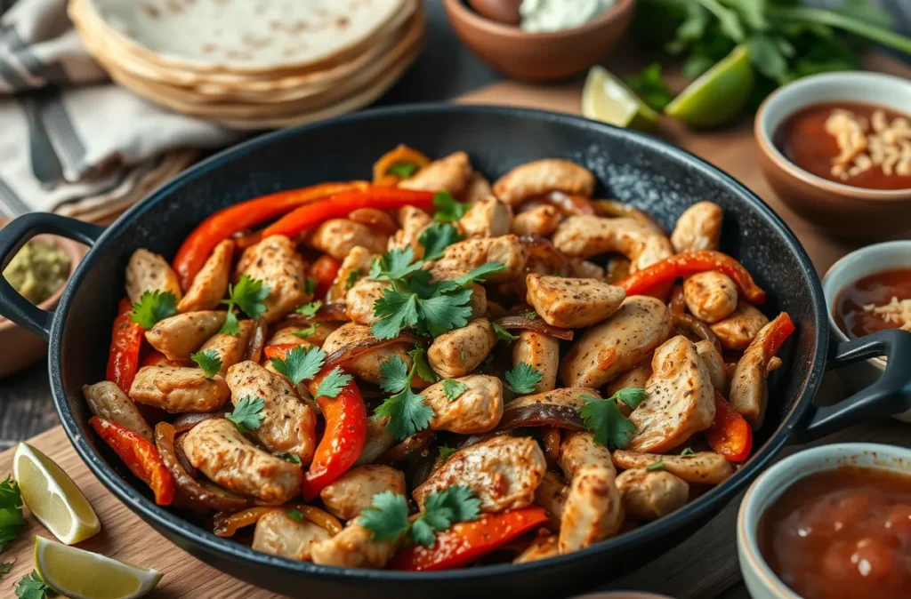 Ingrédients Fajitas au poulet dans une poêle, avec poulet doré, poivrons colorés et oignons caramélisés, entourés de tortillas, citron vert et garnitures comme guacamole et crème fraîche