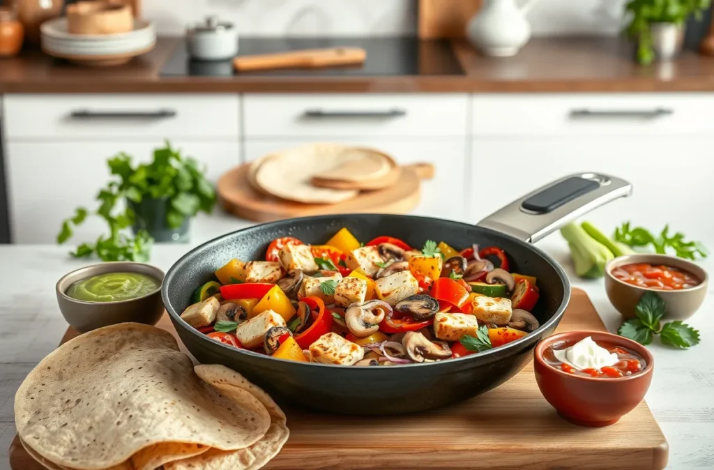 Fajitas végétariennes avec légumes grillés colorés et tofu doré, accompagnées de tortillas chaudes, guacamole, salsa et coriandre fraîche