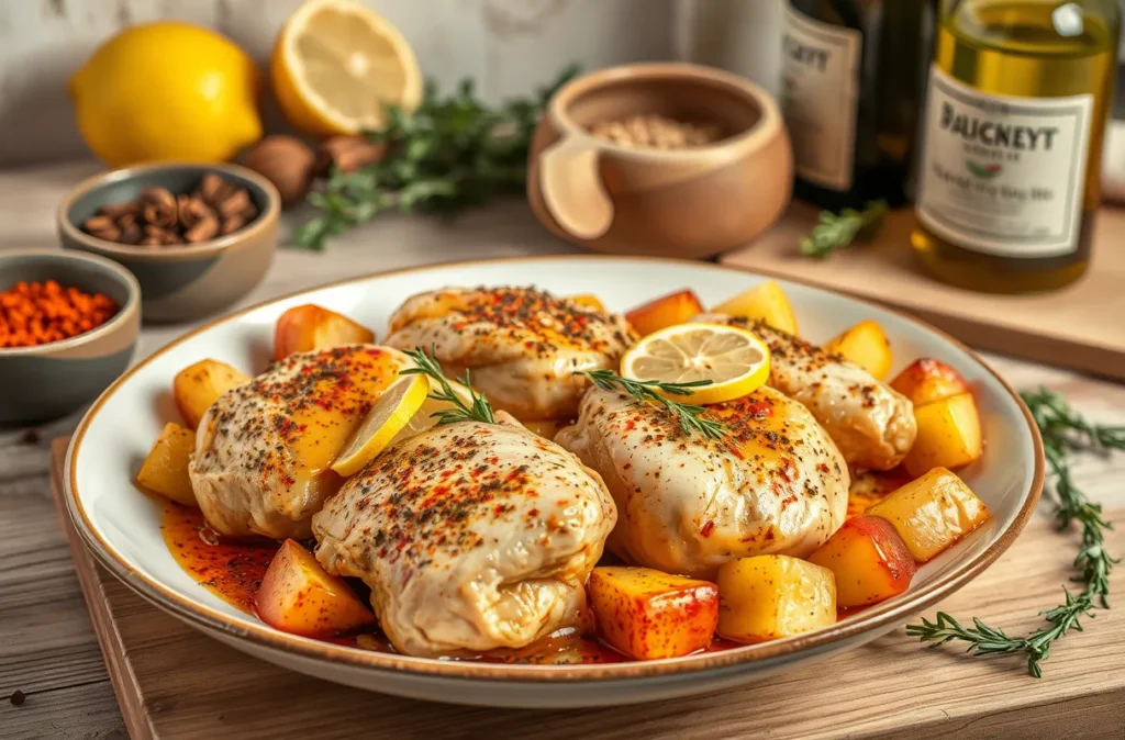 Pilon de poulets crus avec épices fraîches : paprika, thym, ail haché, huile d'olive et pommes de terre en quartiers prêts pour la préparation